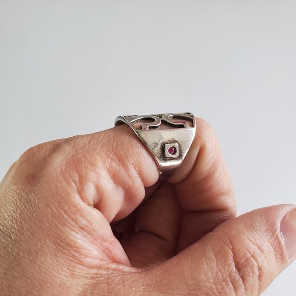 Sterling Silver 925 Elle Jewelry Ring Wide Band with Signature Ruby - Picture 2 of 16